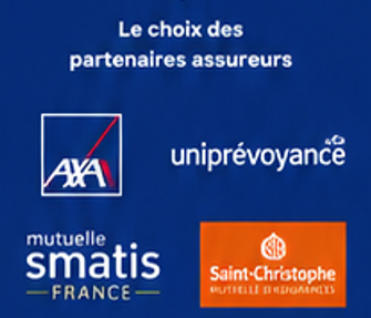 Logos des partenaires assureurs : AXA, Uniprévoyance, Mutuelle Smatis France, Saint-Christophe